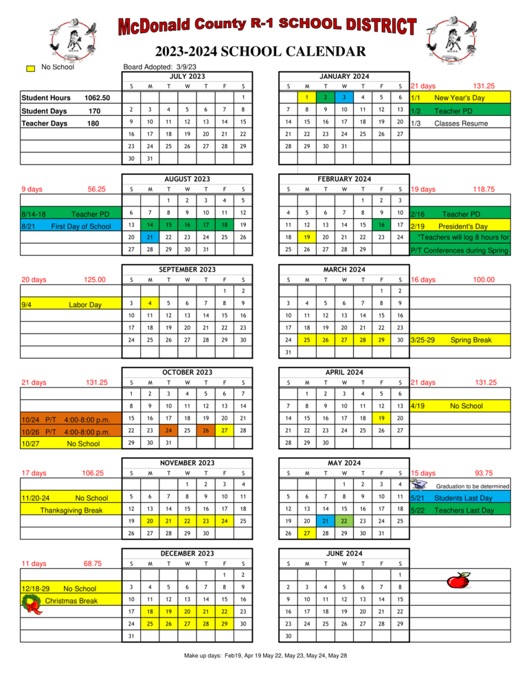 20232024 School Calendar McDonald County R1 School District