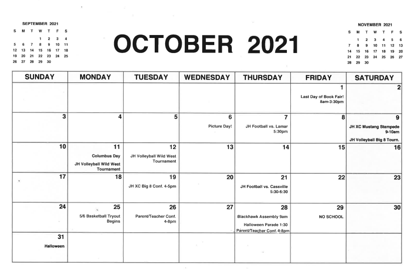 Pineville Elementary October Calendar