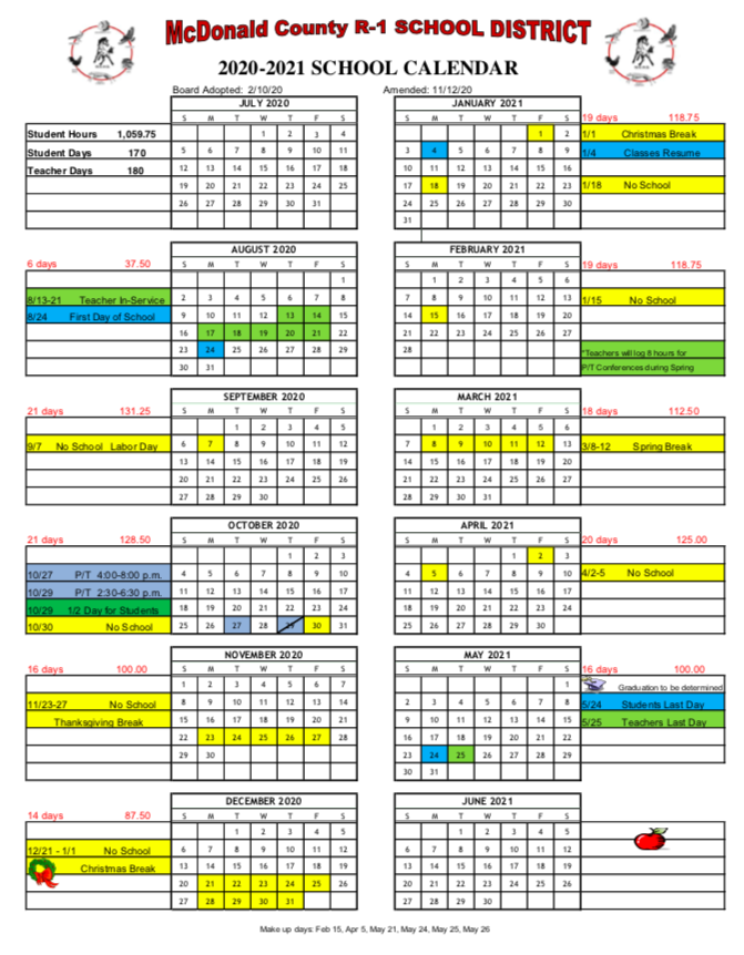 Amended 2020 2021 McDonald County School District Calendar White Rock