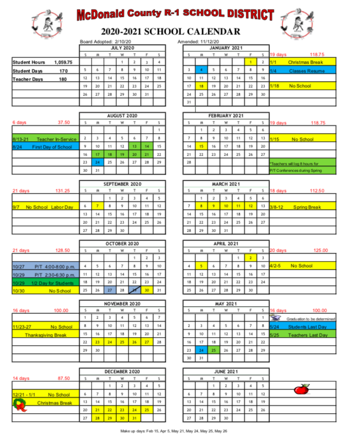 Amended 2020-2021 Mcdonald County School District Calendar | White Rock School