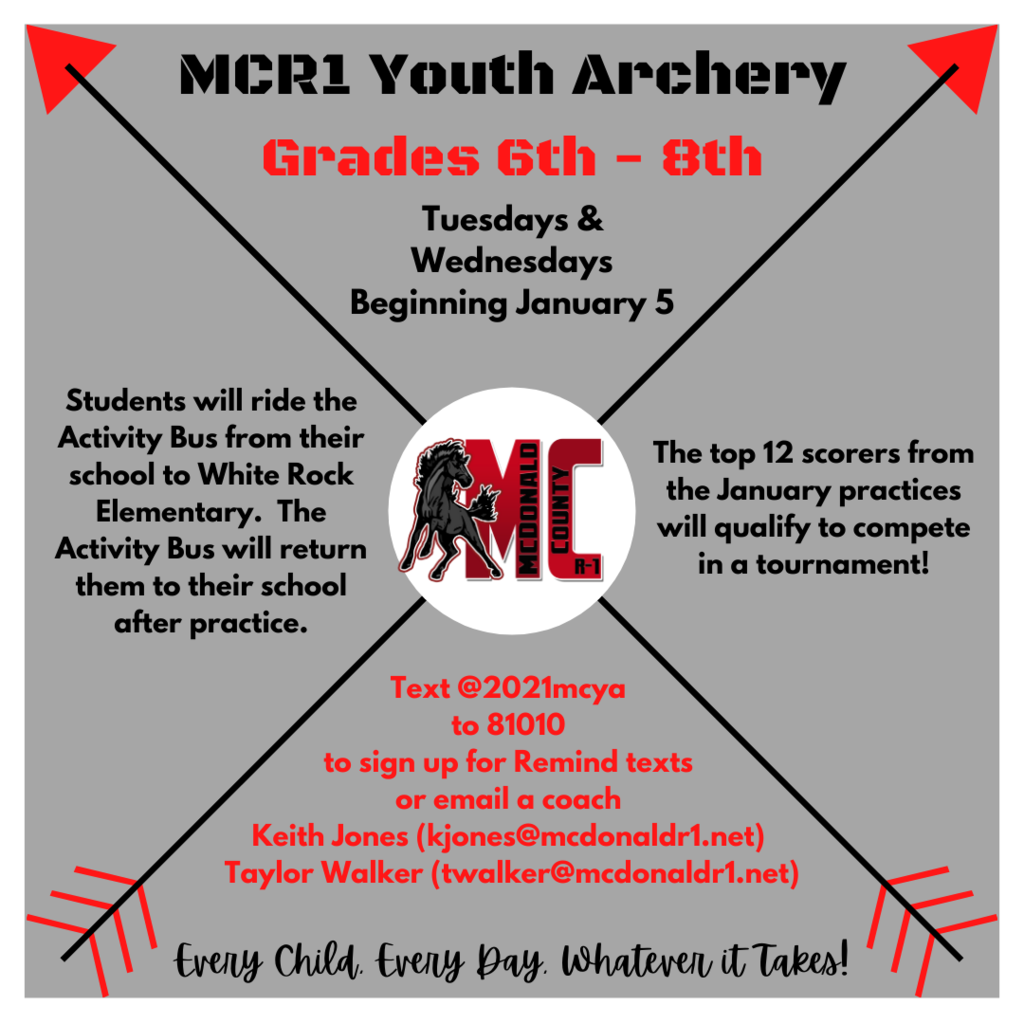 Youth archery sign up flyer with mustang and arrow images.