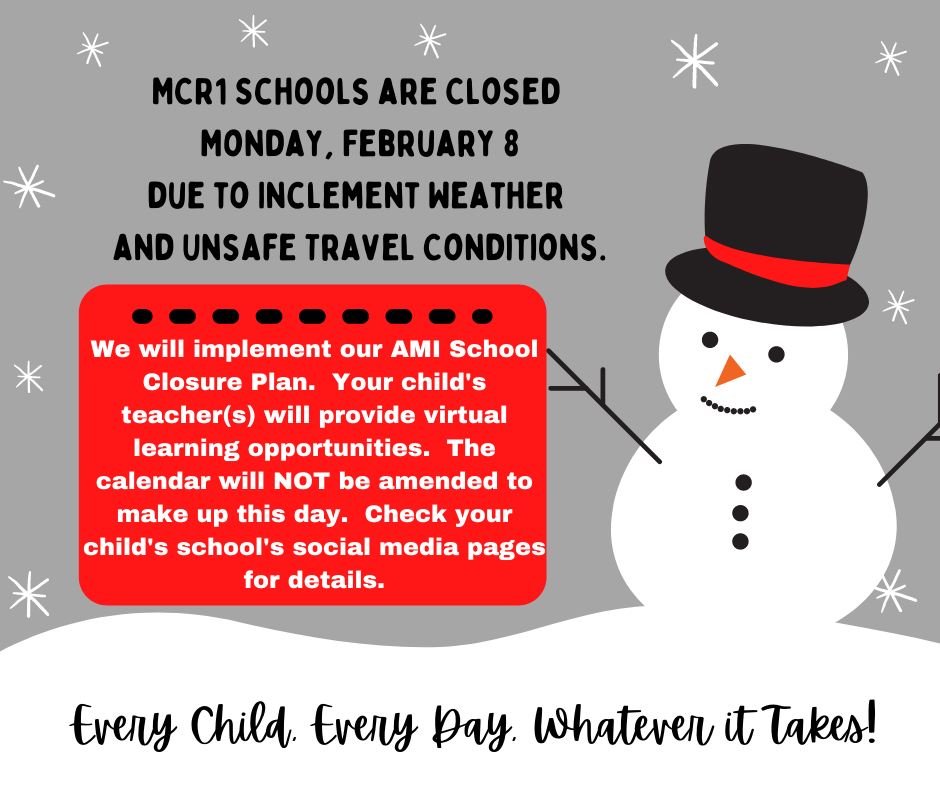 No school Monday, February 8 notice.  Gray, black, and red with MC and Mustang graphic.