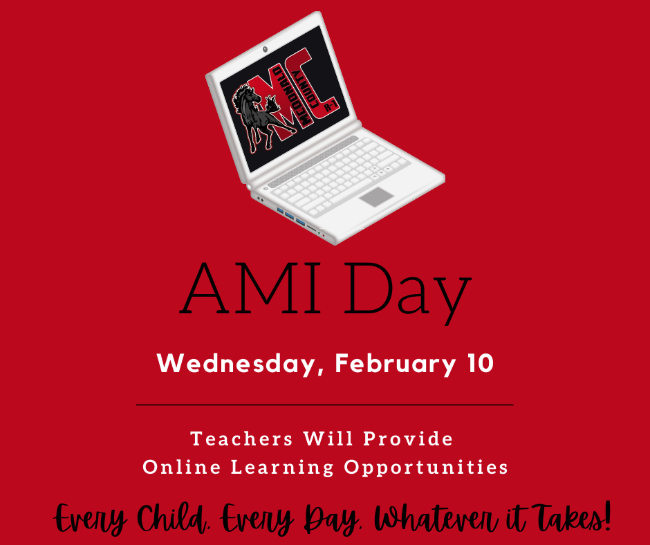 AMI notice. Red background, black and white text. Image of a laptop.