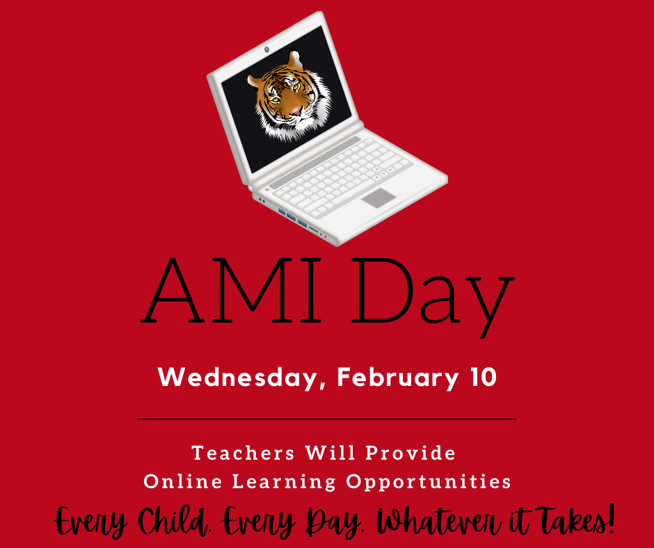 AMI notice. Red background, black and white text. Image of a laptop with a tiger.