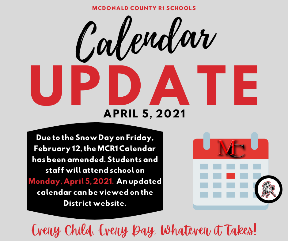 Calendar update notice. Red, gray, black and white text with a calendar graphic.