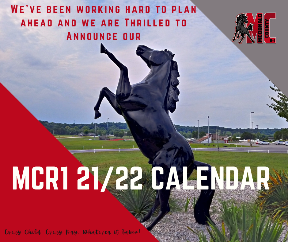 New calendar announcement. PHoto of mustang sculpture. Black, red, gray, and white graphics and text.