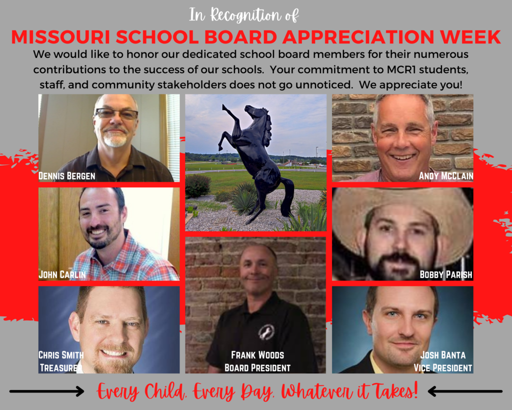 Collage of photographs of school board members and a mustang sculpture on a gray and red background with black, white, gray and red text.