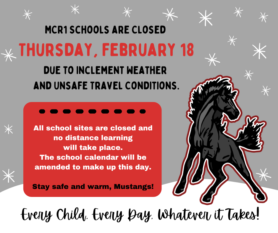 School closure notice with mustang graphic.