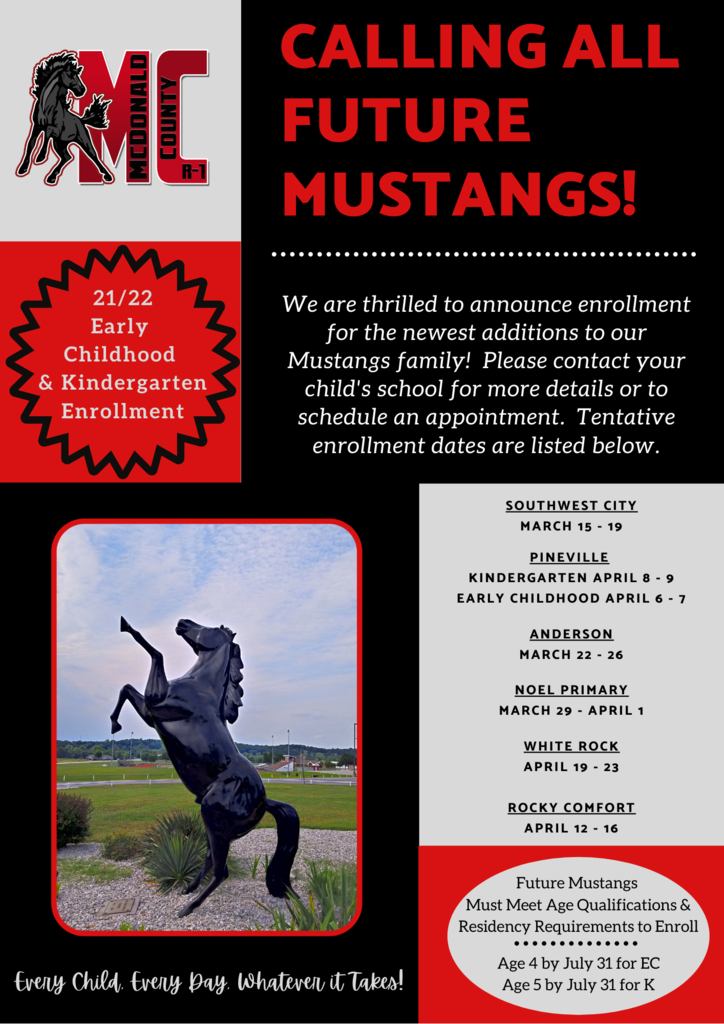 Kindergarten enrollment announcement. Black, gray, white, and red text with mustang photo.
