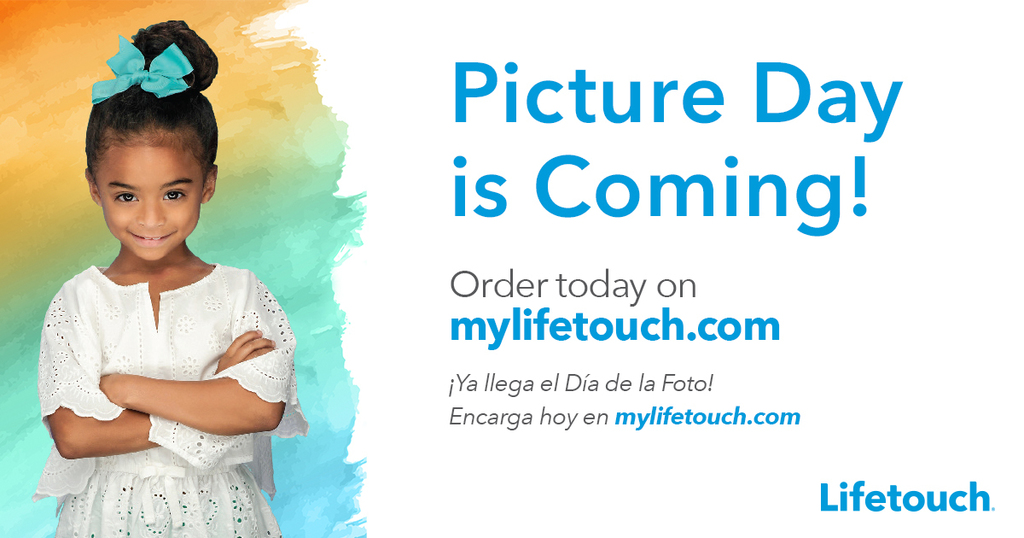 Picture day notice.  White background with blue and black text.  Image of a girl.