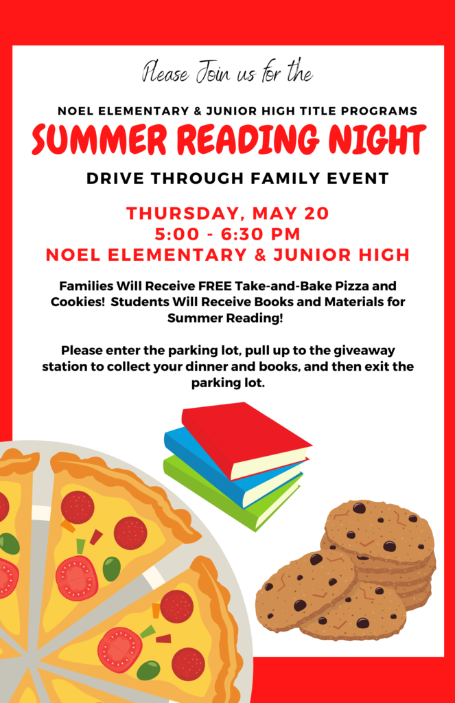 Parent night flyer.  Pizza, books, and cookies clip art.  Black and red text.