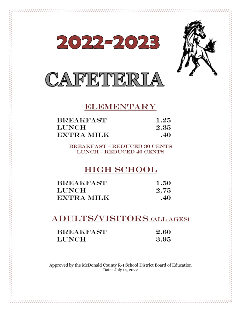 cafeteria prices